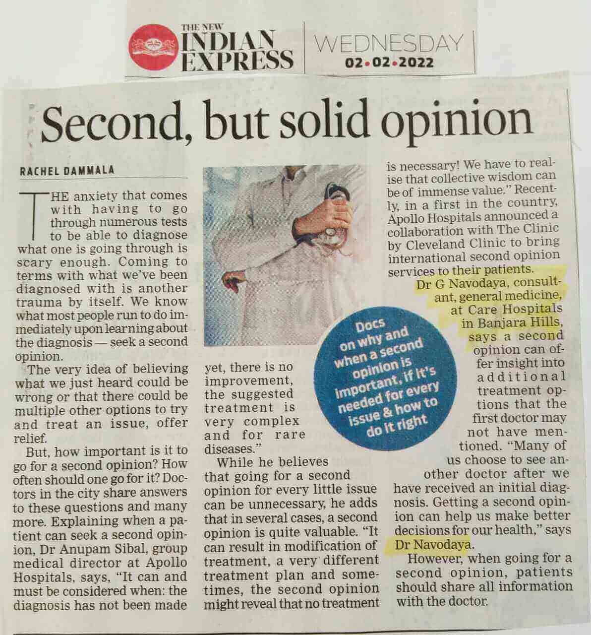 Article on Second Opinion by Dr. Navodaya Gilla - Consultant General Medicine